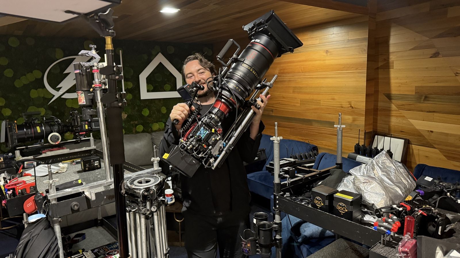 KP Media Services crew member preparing a cinema camera rig