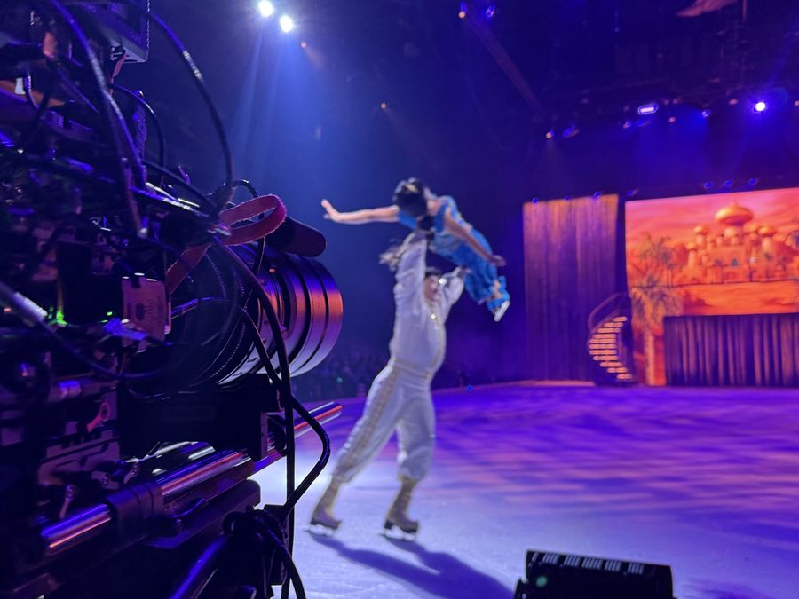 Camera rig capturing a Disney On Ice aerial lift