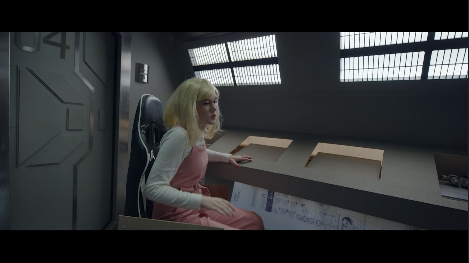 Cinematic narrative production still with a futuristic set build